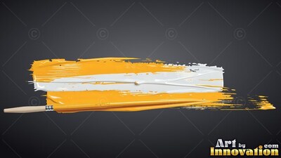 A slim brush rests below a thick stroke of yellow and white paint on gray