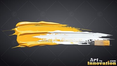 On a dark gray backdrop, a brush leaves thick yellow and white paint streaks