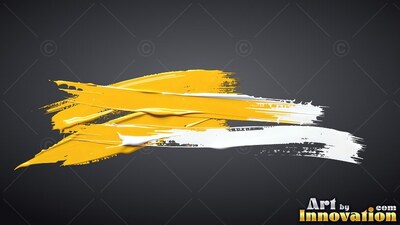 Thick ridges of glossy yellow and white paint sweep across a smooth black background