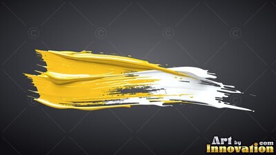 A yellow and white brushstroke sweeps across black, catching bright white highlights along its raised ridges
