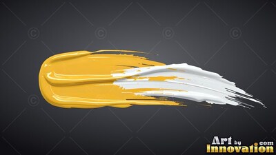Curving horizontally over a charcoal background, yellow and white paint sweeps to the right