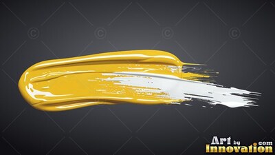 Against a dark background, a thick stroke of yellow and white paint sweeps across