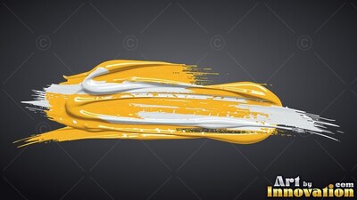 Streaking across dark gray, a thick stroke of yellow paint blends with white swirls