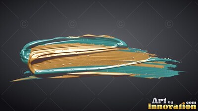 Thick ridges of glossy gold and teal paint sweep along a dark gray backdrop