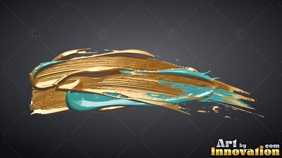 A thick yellow-gold paint stroke sweeps across dark gray with glossy teal highlights