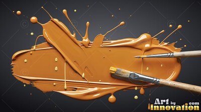 On a deep gray background, wet yellow paint spreads with two brushes
