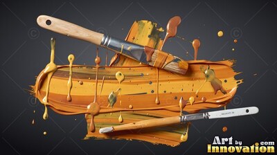 Two paintbrushes resting on a thick yellow paint stroke