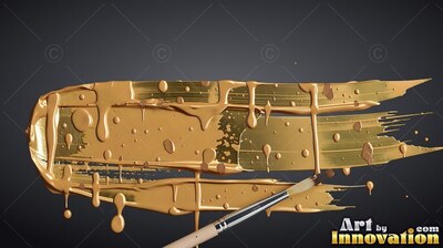 Dripping with wet drops against a dark background, a wide gold paint stroke rests beside a wooden brush