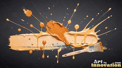 Thick beige paint smears and splatters across a dark surface under soft light