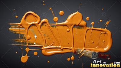 Stretched across dark gray space, wet gold paint drips over a wide brush