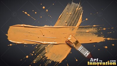 A paintbrush lays thick light brown paint across a dark surface