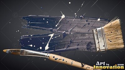 On a black background, wet dark paint sits with two paintbrushes