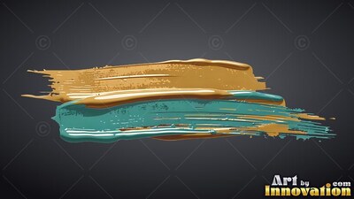 Sweeping horizontally across dark gray, thick gold and teal paint streaks overlap