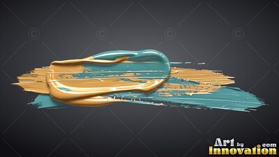 Heavy gold and teal colored paint smeared across deep gray background