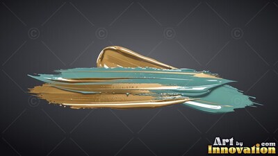 Thick metallic gold and turquoise brushstrokes layered horizontally against a dark gray backdrop