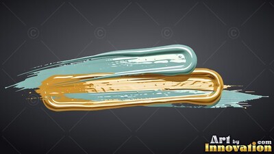 Gold and pale blue paint marks sweep sideways, showing shiny white highlights on dark gray