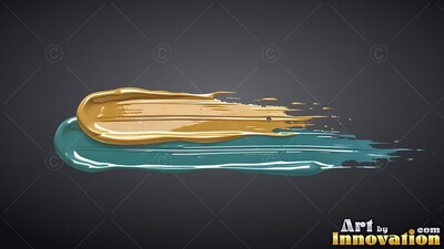 Streaking horizontally across dark gray, metallic gold paint and teal brushstrokes