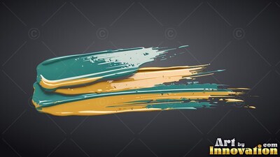 Thick sweeps of wet teal and yellow paint streak across a dark gray backdrop