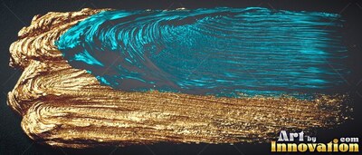 On a dark surface, dense gold and turquoise paint sweeps across in rough ridges