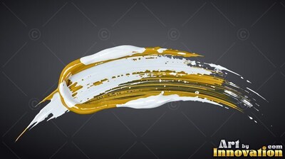 Sweeping across dark gray, a thick stroke of yellow wet gold paint is topped with white
