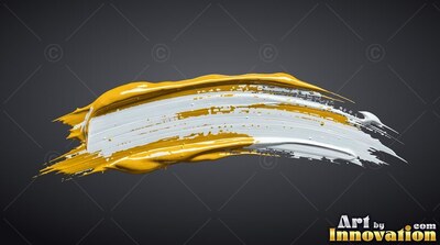 Thick ridges of yellow and white paint curve over dark gray backdrop