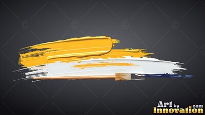 Thick yellow and white paint sweeps across a dark background with a narrow brush lying below