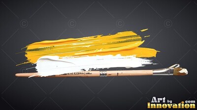 Lying flat against a deep gray background, a paintbrush rests below yellow paint