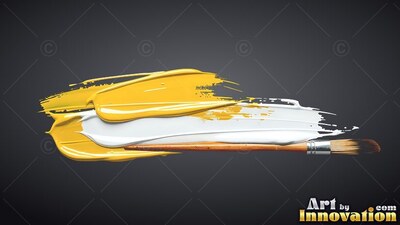 Thick yellow and white paint marks lie over a dark gray backdrop under a brush