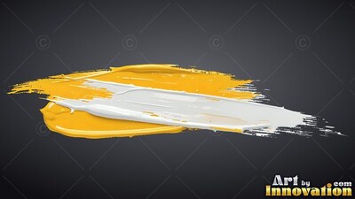 On a dark gray backdrop, a stroke of white paint rests over thick yellow paint