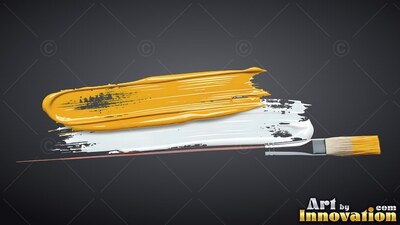 Resting beside a flat brush, thick yellow and white paint sweeps over a dark gray backdrop