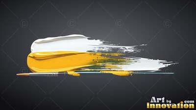 Thick yellow and white streaks of paint spread horizontally over a deep gray background