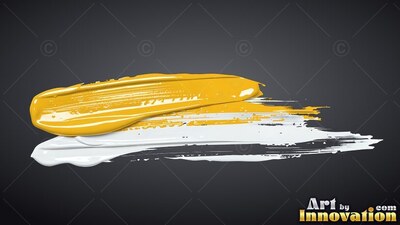 Swept horizontally over dark gray space, thick yellow and white sweeps of paint
