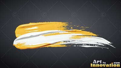 A thick smear of yellow and white paint sweeps over a plain dark gray background