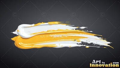 Against a dark background, a thick stroke of yellow and white paint sweeps across