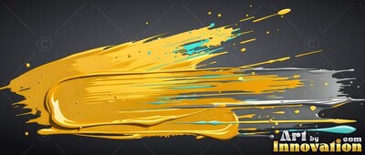 A thick yellow paint smear with splashes on dark gray