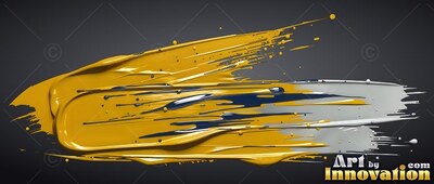 A thick streak of yellow and silver paint stretches across a black background