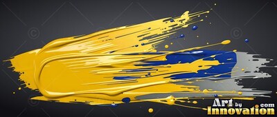 Thick yellow paint sweeps across blue and gray splashes, reflecting glossy light
