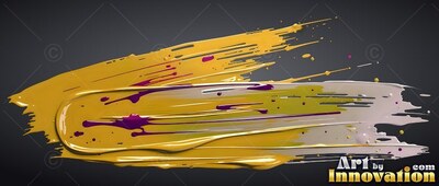Swept horizontally across black, yellow paint mixes with purple drips