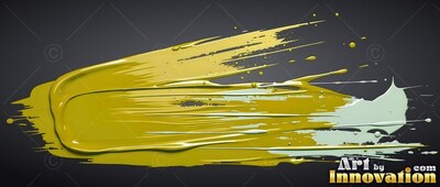 A thick swipe of glossy yellow and pale blue paint streaks across a deep gray background