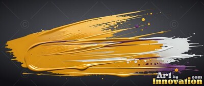 Against a black background, a thick glossy gold paint stroke sweeps with white splashes