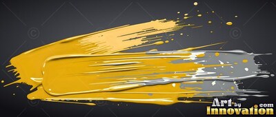 Sweeping across dark gray, thick yellow and silver paint marks leave small flecks