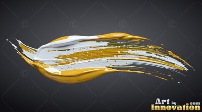 Thick white and yellow paint mixes in a wide brushstroke over dark gray background