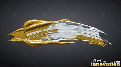 A thick stroke of gold paint sweeps across dark gray with glossy white streaks
