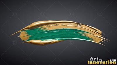 Curving horizontally on a deep gray background, a thick stroke of gold and green paint