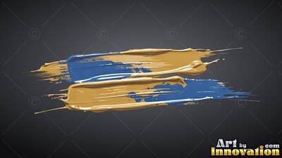Against a dark gray backdrop, dense gold and blue sweeps of paint sweep sideways