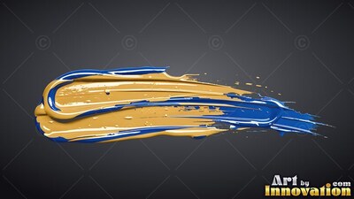 Sweeping horizontally, thick yellow and blue paint smears over a dark gray background