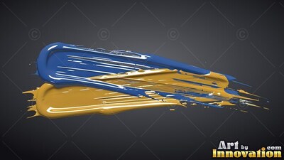 Thick blue and yellow brushstrokes across a dark backdrop