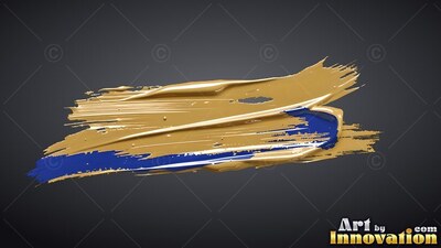 Thick ridges of glossy gold paint over a blue stroke against a dark gray background