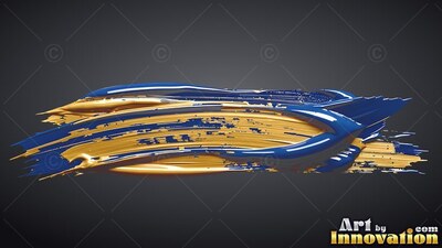 A thick paint stroke sweeps horizontally, mixing shiny gold with deep blue streaks