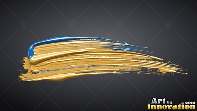 Angled horizontally on a dark gray field, a thick stroke of yellow and bright blue paint